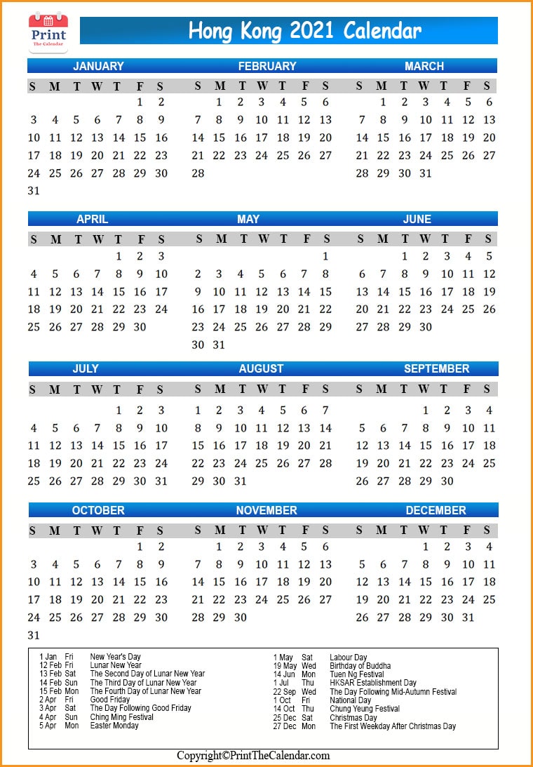 Hongkong Calendar 2021